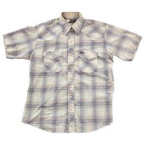 Wrangler Shirt Men's Large Tan/Blue Plaid Vintage Pearl Snaps Western Cowboy...